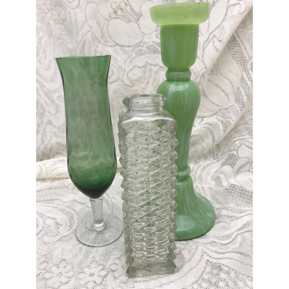 Curated Vintage Green & Clear Glass Vase Set: Wedding Centerpiece Decor